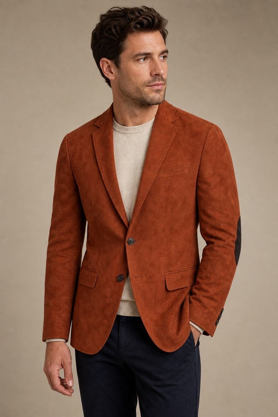 Linea Uomo Micro Suede Sport Coat 42R Slim Fit Rust Brown Elbow Patch NWT